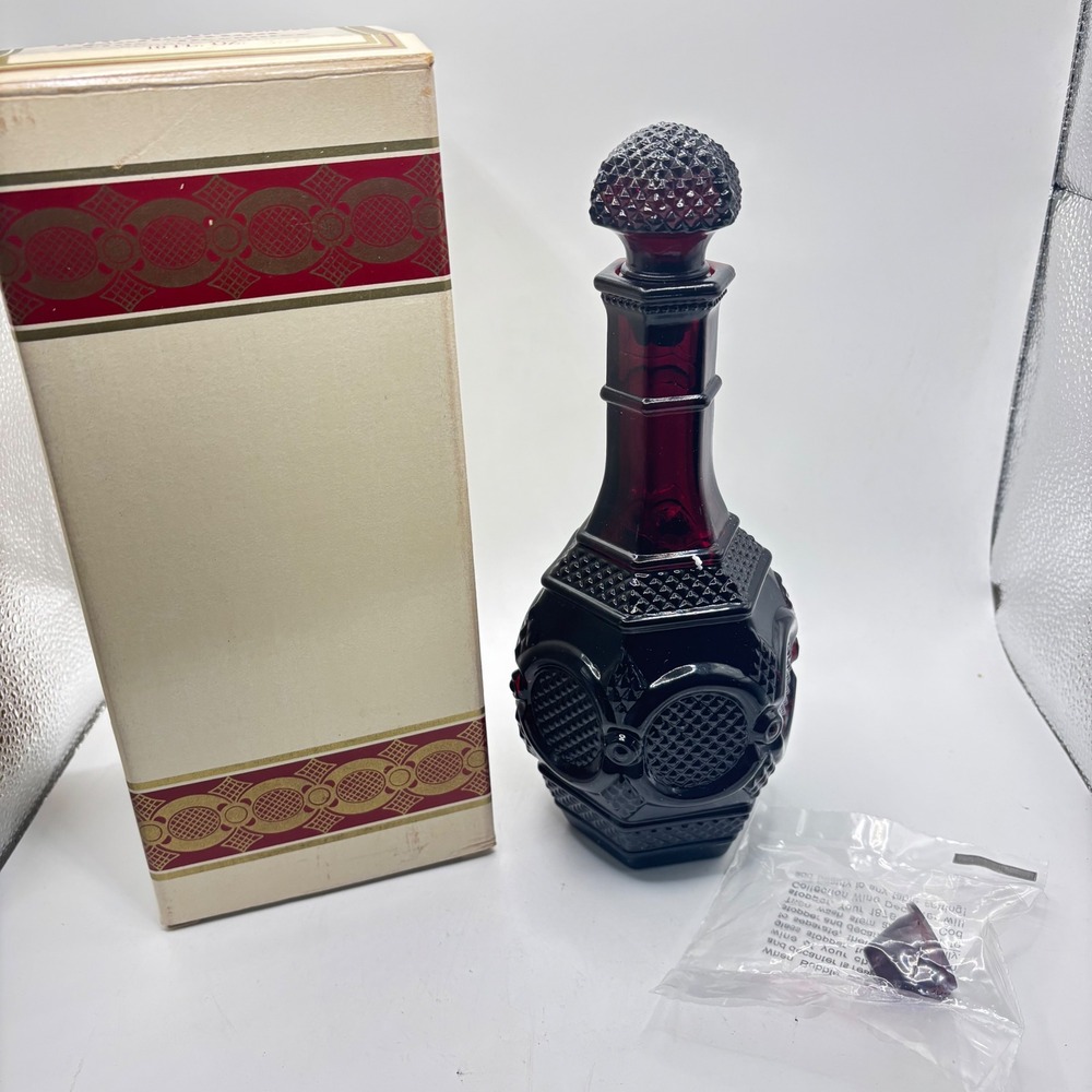 Avon 1876 Cape Cod Wine Decanter Ruby Red Glass Roman Rosette 16oz Vintage NIB
